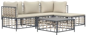 4 pcs conjunto lounge de jardim c/ almofadões vime PE antracite