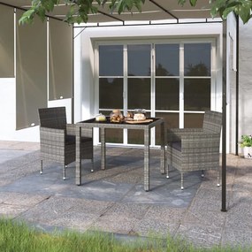 vidaXL 3 pcs conjunto de jantar jardim vime PE e vidro temperado cinza