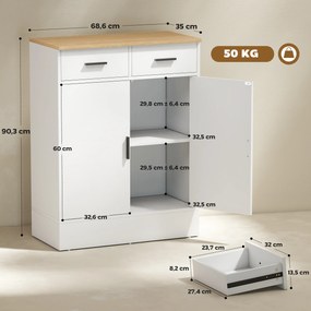 Aparador de Sala de Estar com 2 Gavetas e Prateleiras Ajustáveis 68,6x35x90,3 cm Branco e Madeira