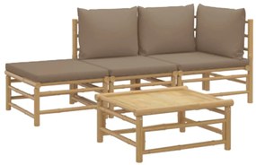 4 pcs conj. lounge jardim bambu c/ almofadões cinza-acastanhado