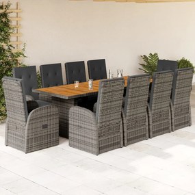vidaXL 11 pcs conjunto jantar p/ jardim c/ almofadões vime PE cinzento
