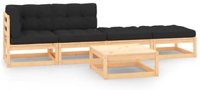 vidaXL 5 pcs conjunto lounge de jardim c/ almofadões pinho maciço