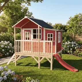 Casa de brincar infantil exterior para crianças Loft 350 em madeira com escorrega - Vermelha