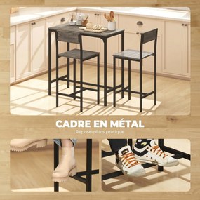 Conjunto de mesa de bar com bancos, mesa de jantar alta com 2 cadeiras de bar, apoios para os pés e encostos, cinzento