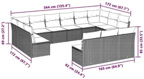 13 pcs conj. sofás jardim c/ almofadões vime PE cinzento-claro