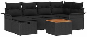 Conjunto de Sofá de Jardim de 7 Peças com Almofadas Pretas Rattan Poli