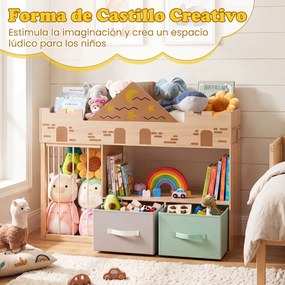 Estante Infantil em Forma de Castelo, 111 x 40 x 92 cm, Arrumação para Livros e Brinquedos, Natural