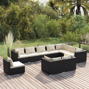 vidaXL 10 pcs conjunto lounge de jardim c/ almofadões vime PE preto