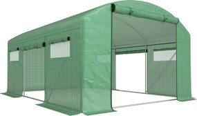 Outsunny Estufa tipo Túnel 397x300x200 cm Estufa de Exterior com 4 Janelas de Malha Cobertura de PE Anti UV e 3 Portas Enroláveis Verde | Aosom Portugal