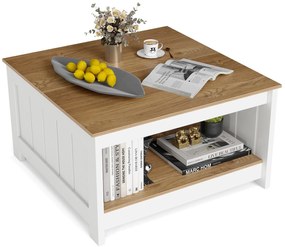 Mesa de centro de madeira 80 x 80 x 45 cm com 2 níveis, mesa quadrada para sala de estar em estilo rústico com espaço de arrumação. Natural e branco