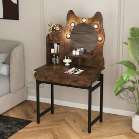 Toucador com espelho e luzes 80 x 50 x 150 cm em forma de gatinho com 3 modos de iluminação e brilho ajustável e 2 gavetas Castanho