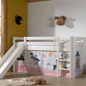 Cama alta de Criança PINO 90 x 200 cm + estrado + escada + escorrega + cortina Princesa Branca
