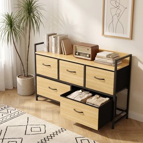 Cômoda, móvel de arrumação com 5 gavetas de tecido dobráveis, tampo e estrutura em aço, 98 x 29 x 63 cm, cor Carvalho