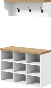 Conjunto de mobiliário para entrada 2 em 1: cabideiro de parede e banco para sapatos, com 3 ganchos e 9 compartimentos abertos, 75 x 30 x 50 cm, branc