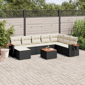 9 pcs conjunto de sofás p/ jardim c/ almofadões vime PE preto
