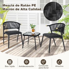 Conjunto de móveis Jardim de rattan de 3 peças com cadeiras almofadadas Mesa de vidro temperado Assento de vime Encosto de vime Costas de corda tecido