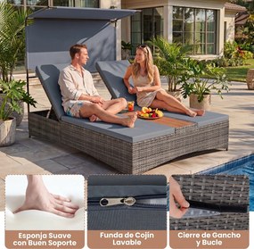 Espreguiçadeira Dupla de Jardim com Parasol, 203 x 147 x 164 cm, Encostos Ajustáveis em 5 Níveis, Cinzento