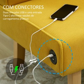 Sofá de 2 Lugares Estofado em Veludo Cotelê Sofá Sala de Estar com 2 Entradas USB 1 Entrada Tipo C 110x60x85 cm Amarelo