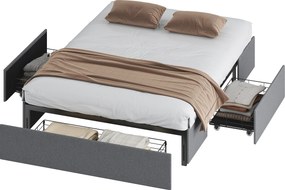 Cama com arrumação 140 x 190 cm (COLCHÃO NÃO INCLUIDO), estrutura de cama de casal estofada com 3 gavetas, base de ripas em LVL, silenciosa, cinzenta