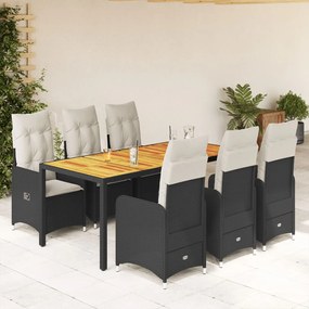 7 pcs conjunto de bistrô p/ jardim c/ almofadões vime PE preto