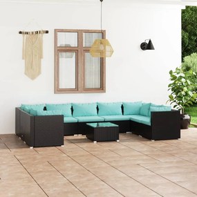 vidaXL 10 pcs conjunto lounge de jardim c/ almofadões vime PE preto