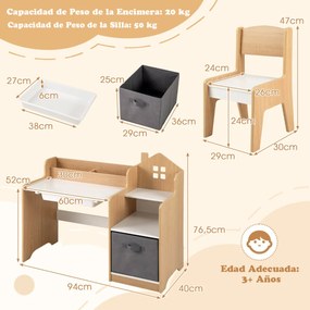 Conjunto de mesa e cadeira de estudo para crianças Mesa para crianças com estantes abertas Gaveta- natural