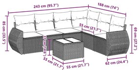 7 pcs conj. sofás jardim com almofadões vime PE cinzento-claro