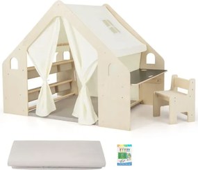 Casa de brincar 6 em 1 em madeira para crianças com quadro negro, secretária, cadeira, 6 cestos, tapete e cortinas para crianças dos 2 aos 6 anos, cor