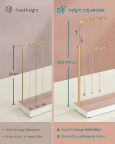 Suporte para joias em metal com bandeja em veludo 10 x 30,6 x (30,9-47,5) cm dourado