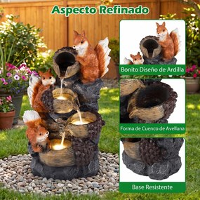 Fonte de Água Decorativa com Esquilos e Avelãs, 34 x 25 x 59 cm, Iluminação LED, Laranja+Cinza