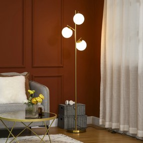Candeeiro de pé para sala de estar em metal com 3 abajures esféricos brancos em vidro fosco, 40 W, Ø 27 x 169 cm (altura), acabamento dourado