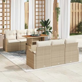 vidaXL Conjunto de Jantar para Jardim de 7 Peças com Almofadas Bege em Rattan Poliéster e Acácia
