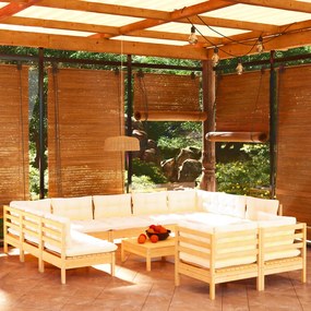 vidaXL 12 pcs conjunto lounge jardim c/ almofadões creme pinho maciço