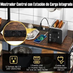 Estante de 5 níveis para cozinha com 2 tomadas e com 10 ganchos 107 x 37 x 160 cm para micro-ondas Castanha