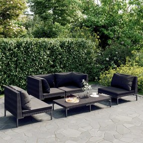 vidaXL 5 pcs conj. lounge jardim c/ almofadões vime PE cinza-escuro