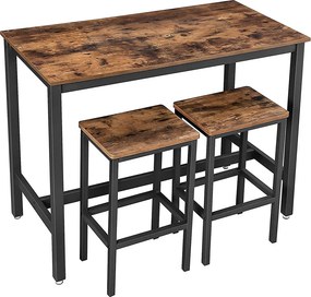 Conjunto Mesa de bar de aspeto industrial com 2 bancos de bar castanho vintage