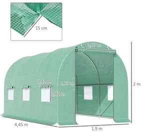 Estufa Túnel 445x190x200 cm Estufa de Jardim com 6 Janelas 1 Porta e C