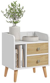 HOMCOM Mesa de Cabeceira Mesa de Cabeceira com 2 Gavetas Grandes 1 Prateleira Aberta e Pés Elevados Estilo Nórdico para Sala de Estar Dormitório 43x30x49 cm Branco e Madeira