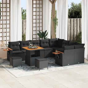vidaXL Conjunto de Sofá de Jardim de 12 Peças com Almofadas Rattan Sintético Preto Acácia