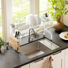 Escorredor de Louça de Aço de 2 Níveis com Prateleira para Pratos Suporte para Facas e Talheres 100x30x54,5 cm Branco