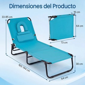 Conjunto de 2 Espreguiçadeiras de Jardim Dobráveis, 142-194 x 63 x 92 cm, Encosto Ajustável em 5 Posições, Turquesa