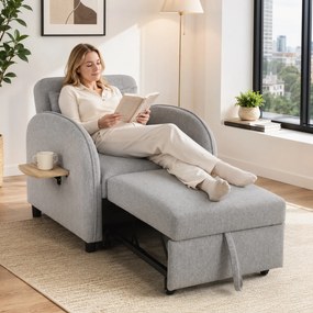 Poltrona-cama de 1 lugar, Poltrona-cama 3 em 1, Encosto ajustável, Apoio lateral rebatível, Cinzento