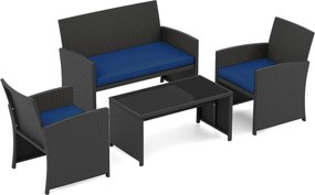 Conjunto de jardim em rattan com 4 peças: sofás de 2 lugares, mesa de vidro temperado e almofadas para exterior, varanda ou piscina, Preto+Azul escuro