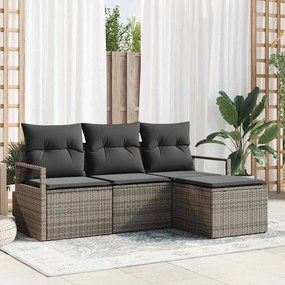 Conjunto de Sofás de Jardim vidaXL de 4 Peças com Almofadas Cinza Rattan Poliéster