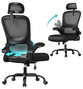Cadeira ergonómica para escritório com tecido em rede e apoios de braços rebatíveis 64 x 71,5 x 116-135 cm Preto