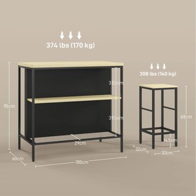 Conjunto de mesa de bar e 2 bancos de estilo industrial com prateleira de arrumação, apoio para os pés, em metal preto e com aspeto de madeira