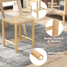 Conjunto de 2 bancos de bar/jantar, estrutura de madeira de borracha, assento de papel tecido sem encosto para cozinha 36 x 36 x 45 cm Natural