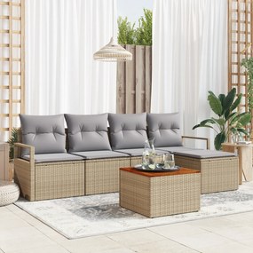 Conjunto de Sofá de Jardim vidaXL 6 Peças com Almofadas Bege Polirattan Acácia