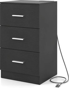 Mesa de cabeceira com base de carregamento 38 x 35 x 66 cm, 3 gavetas, porta USB, moderna, para sala ou quarto, Preta