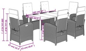 7 pcs conjunto jantar p/ jardim c/ almofadões vime PE castanho
